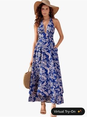 Blue Floral Halter Maxi Dress